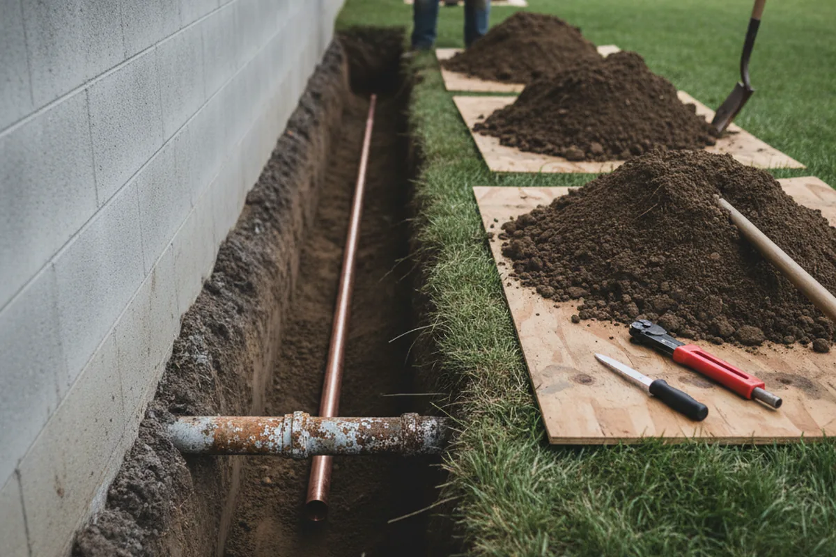 Excavated water line trench during Sewer Line Repair in Mount Morris